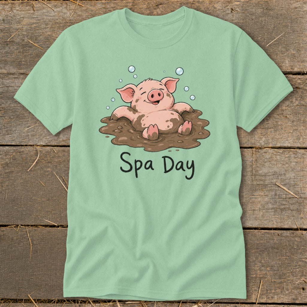Cartoon pig relaxing in mud with "Spa Day" text.
