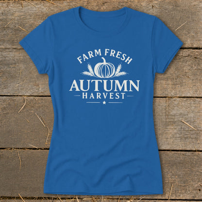 Blue t-shirt with white text "FARM FRESH AUTUMN HARVEST" and a pumpkin.
