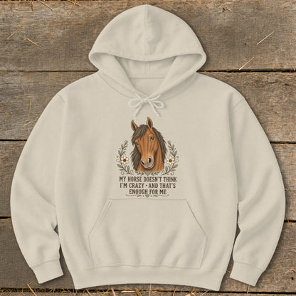 Cream hoodie with horse graphic and text: "My horse doesn't think I'm crazy and that's enough for me."