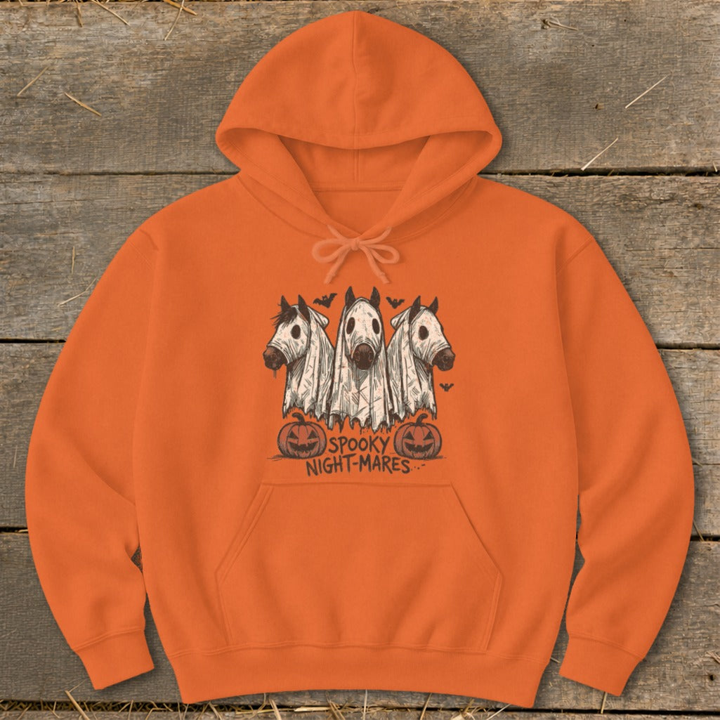 Orange hoodie with "Spooky Night-Mares" text and ghost-like horses with pumpkins.