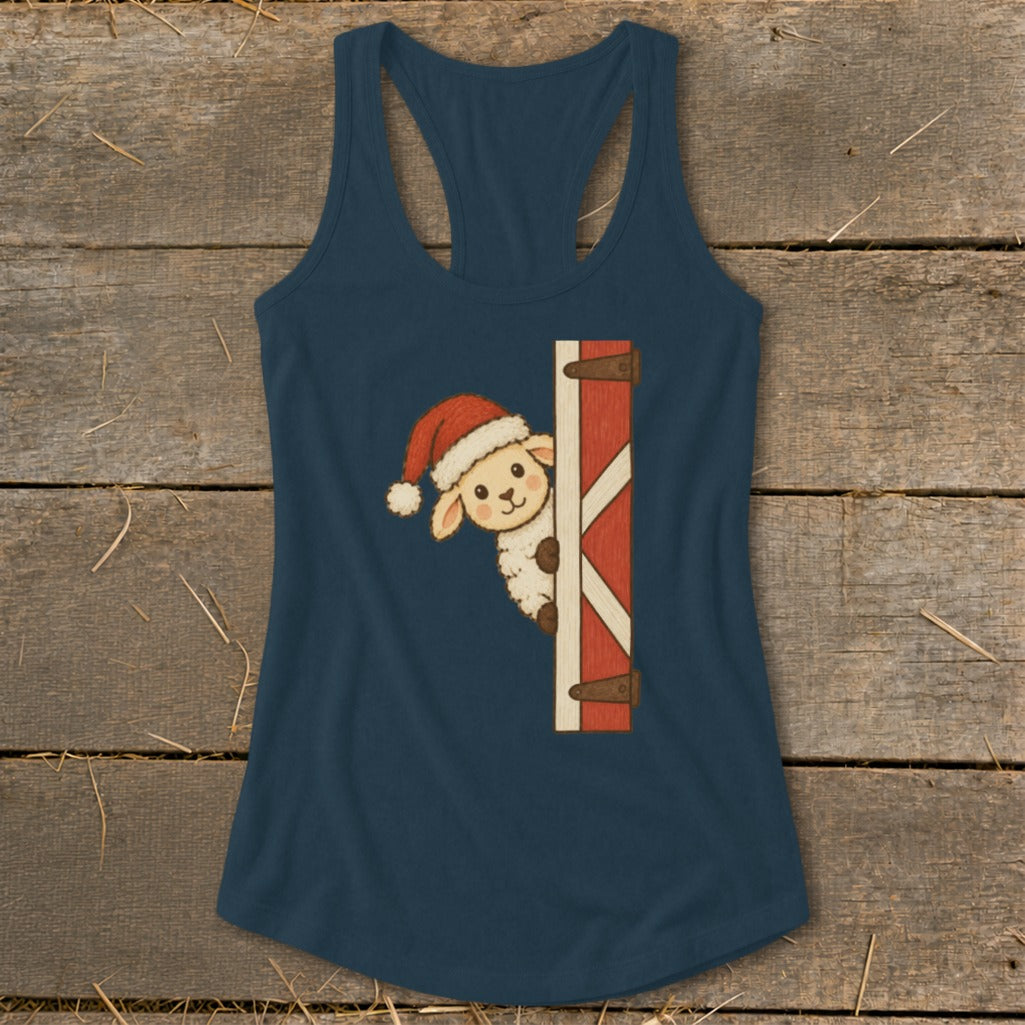 Navy tank top with a sheep wearing a Santa hat peeking from behind a barn door.