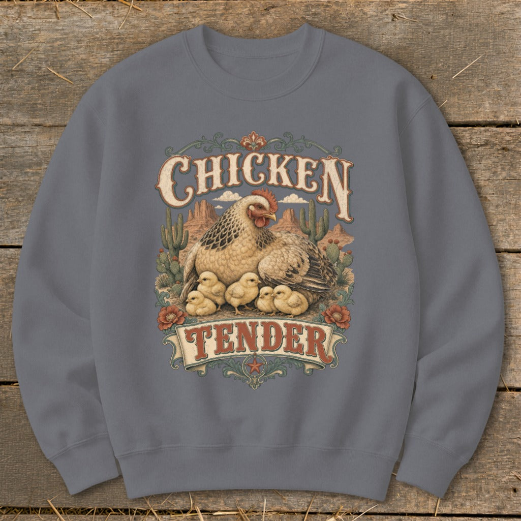 Chicken Tender graphic on a gray sweatshirt featuring a hen and chicks in a desert landscape.
