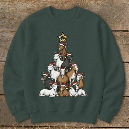 Christmas tree made of goats wearing Santa hats with a star on top.