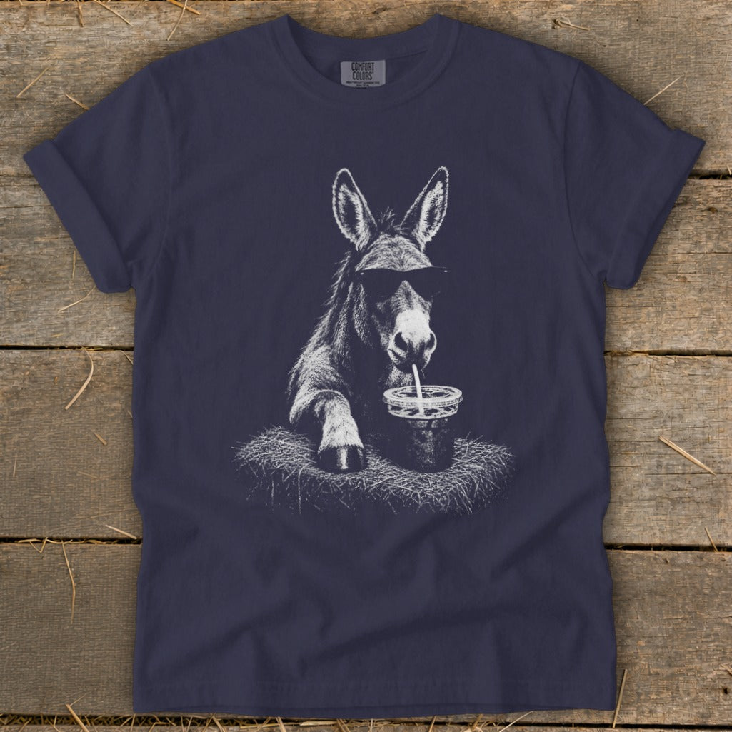 Navy t-shirt with a white graphic of a donkey wearing sunglasses and drinking from a cup.