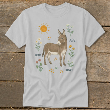 Gray t-shirt with a watercolor-style donkey surrounded by flowers, sun, and wavy lines.