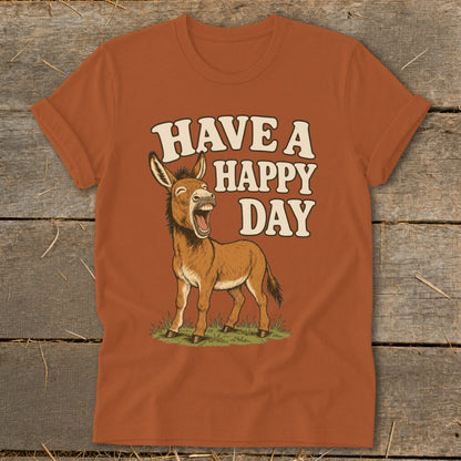 Orange t-shirt with a cartoon donkey and text "HAVE A HAPPY DAY".