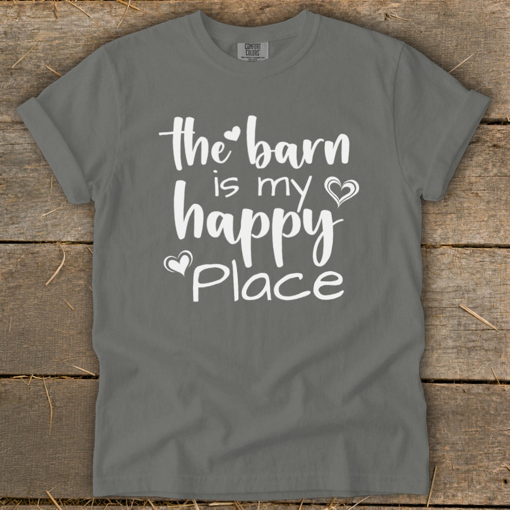 Grey Comfort Colors t-shirt with white text "the barn is my happy place".