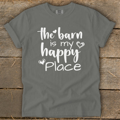 Grey Comfort Colors t-shirt with white text "the barn is my happy place".
