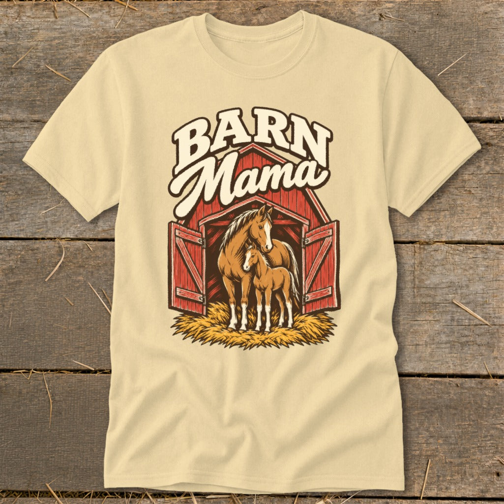 "Barn Mama" text above horses and foal in a barn.
