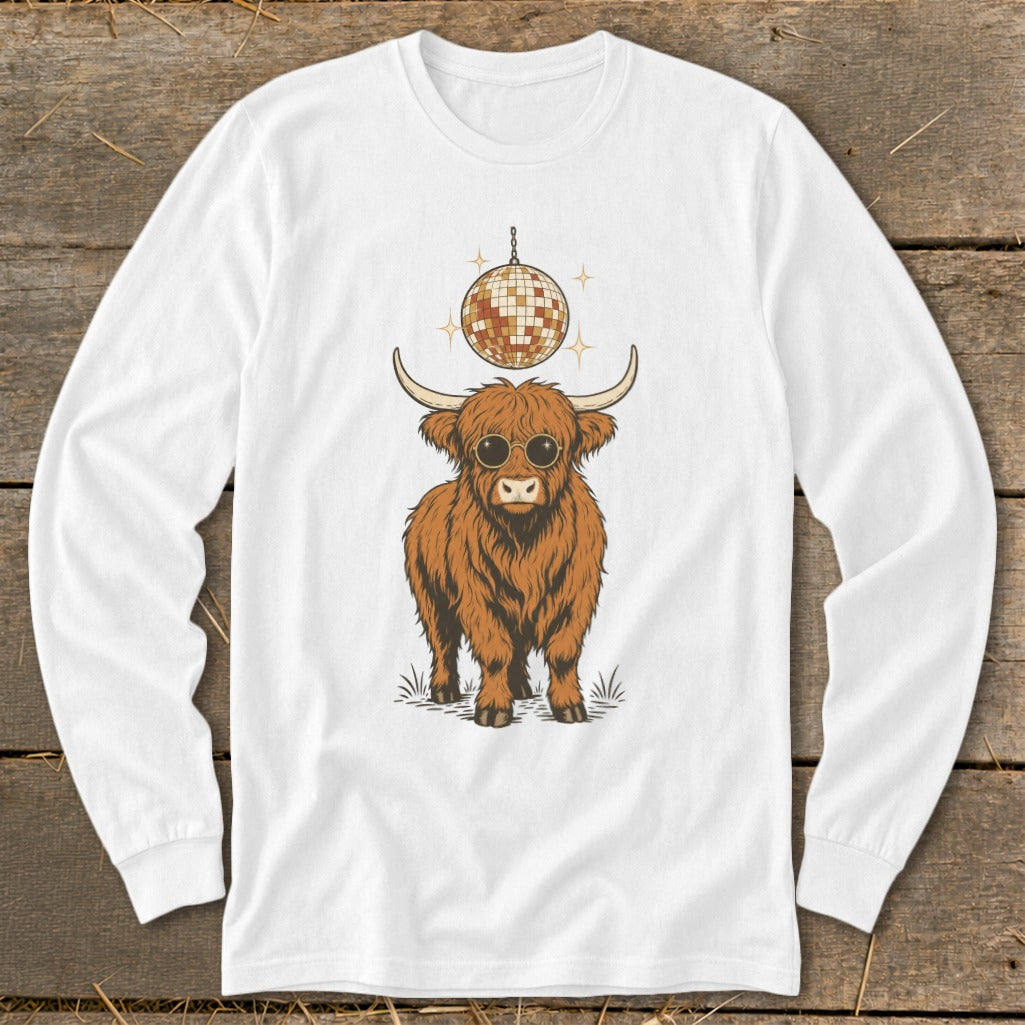 Highland cow with sunglasses and disco ball graphic on a white long-sleeve shirt.