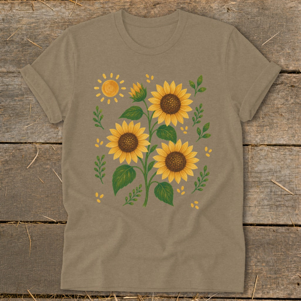 Taupe t-shirt with a watercolor-style sunflower and sun graphic.
