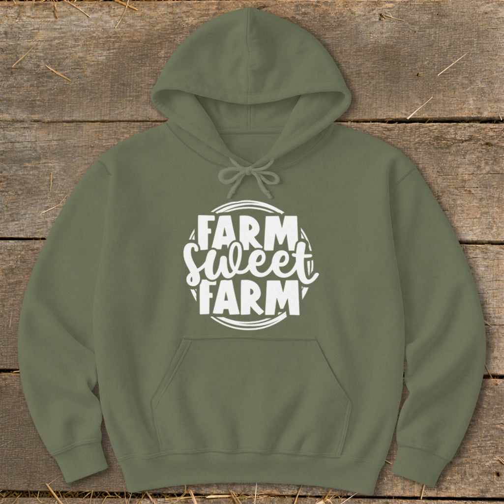 Olive green hooded sweatshirt with "Farm Sweet Farm" graphic.