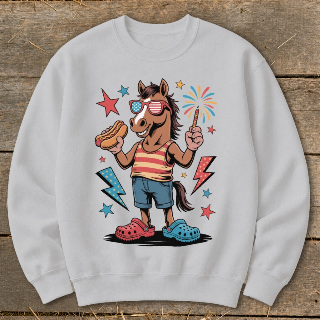 Cartoon horse wearing sunglasses and holding hot dog, with fireworks.