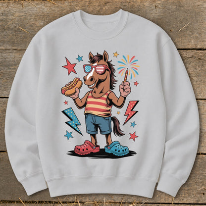 Cartoon horse wearing sunglasses and holding hot dog, with fireworks.