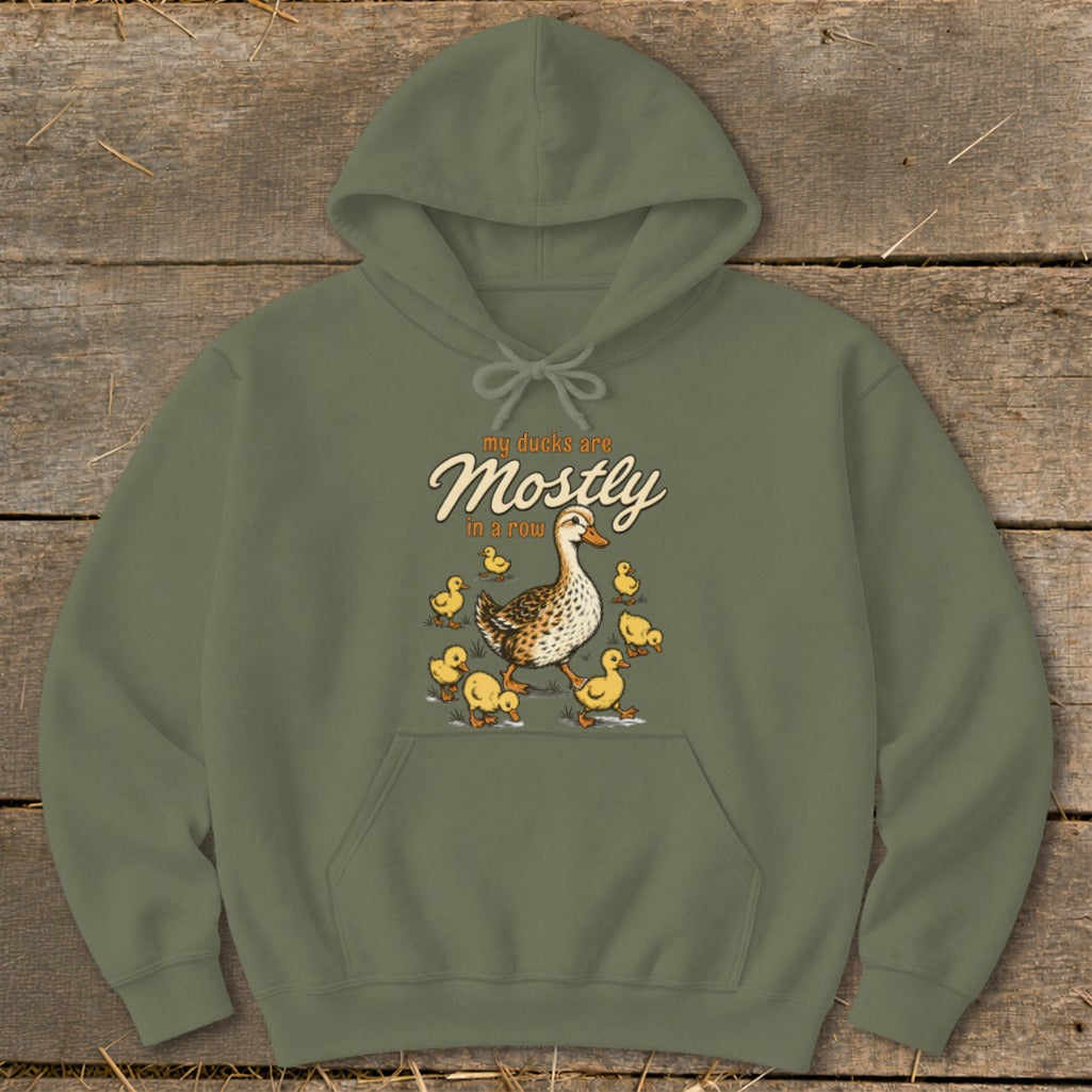 Green hoodie with a graphic of a duck and ducklings and the text "my ducks are Mostly in a row."