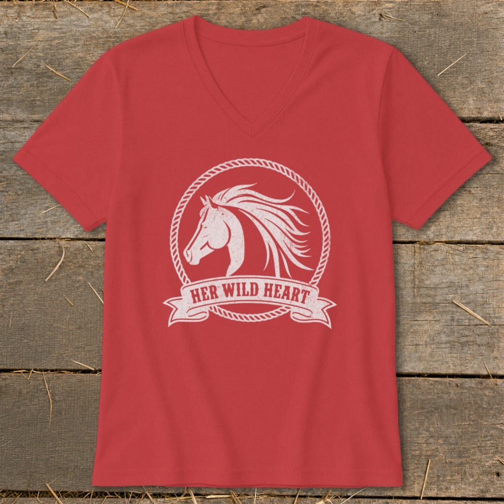 Red v-neck t-shirt with white horse head design and text "HER WILD HEART".