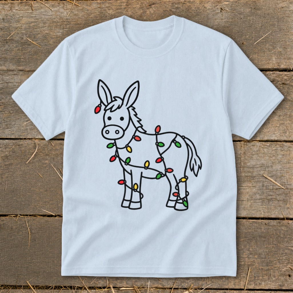 Line art donkey wrapped in colorful Christmas lights on a light blue t-shirt.