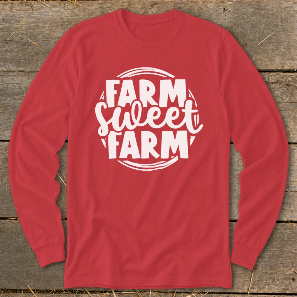 Red long-sleeve shirt with white "Farm Sweet Farm" text in a circular design.