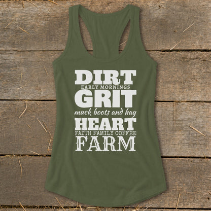 Olive green tank top with "Dirt, Grit, Heart, Farm" text and farm-related phrases.