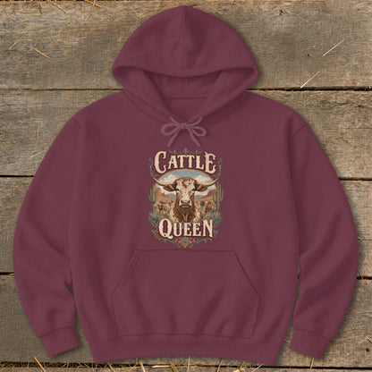 Maroon hooded sweatshirt featuring a front graphic of a longhorn cow and the text Cattle Queen.