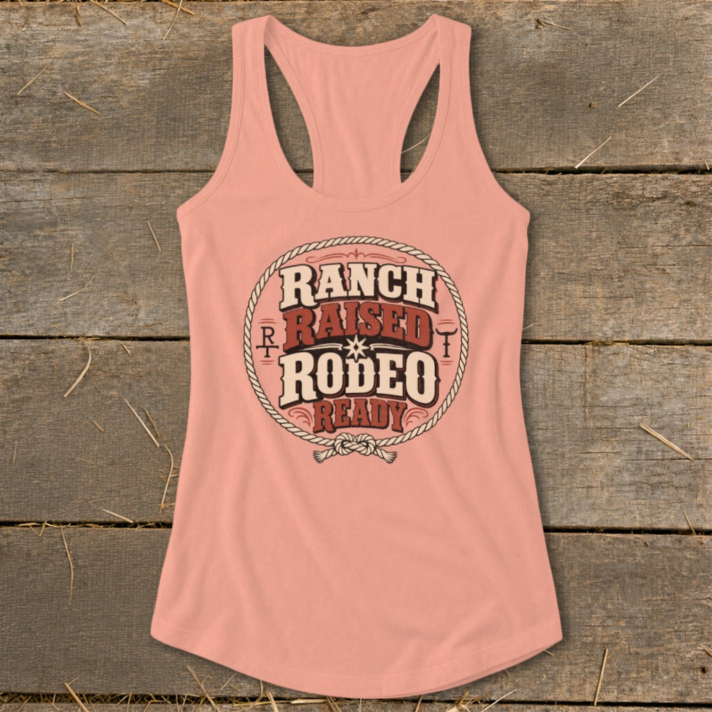 Peach tank top with "Ranch Raised Rodeo Ready" graphic in a circle.