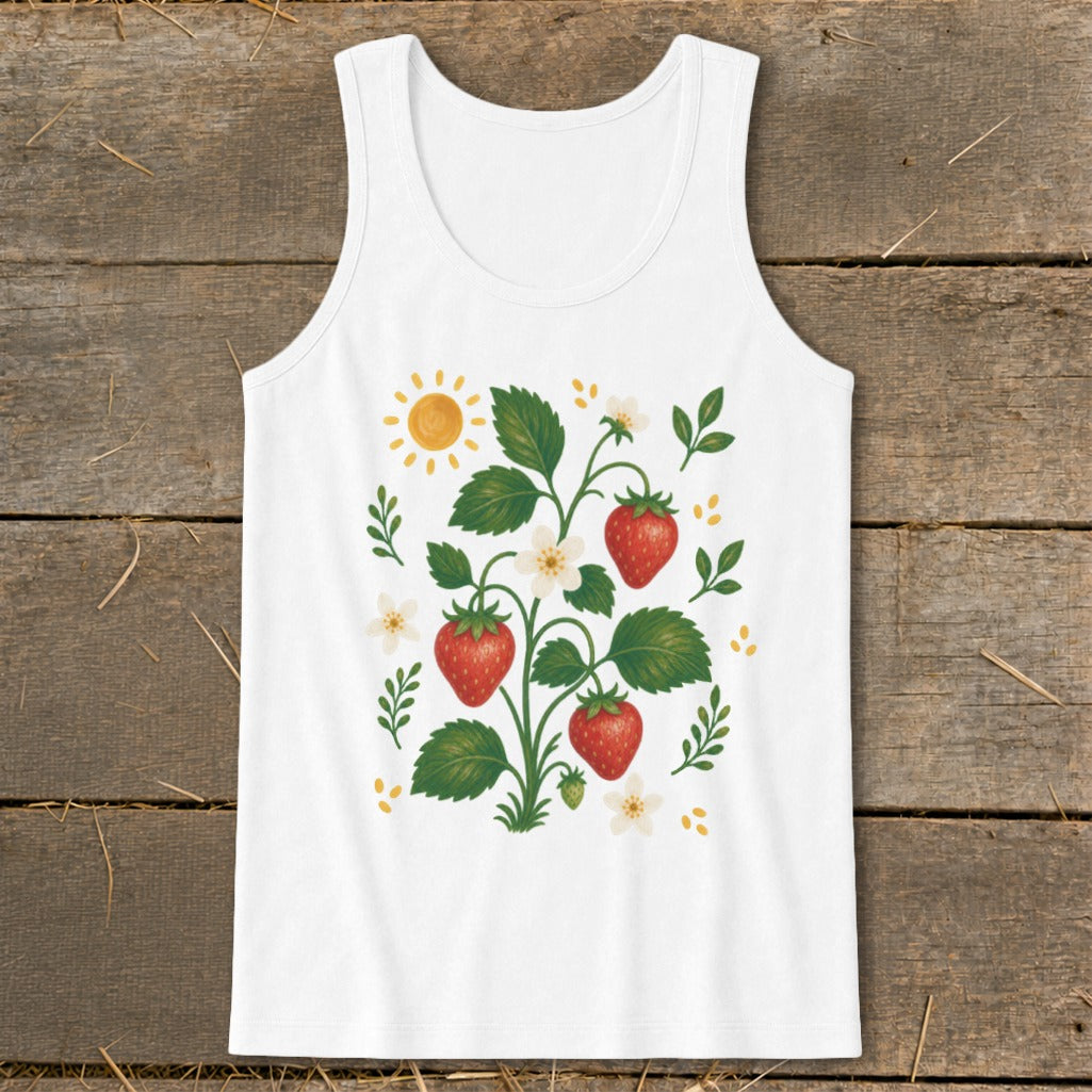 White tank top with a watercolor strawberry plant design and a sun.