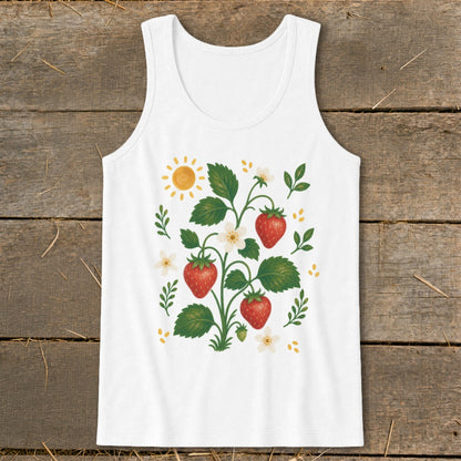 White tank top with a watercolor strawberry plant design and a sun.
