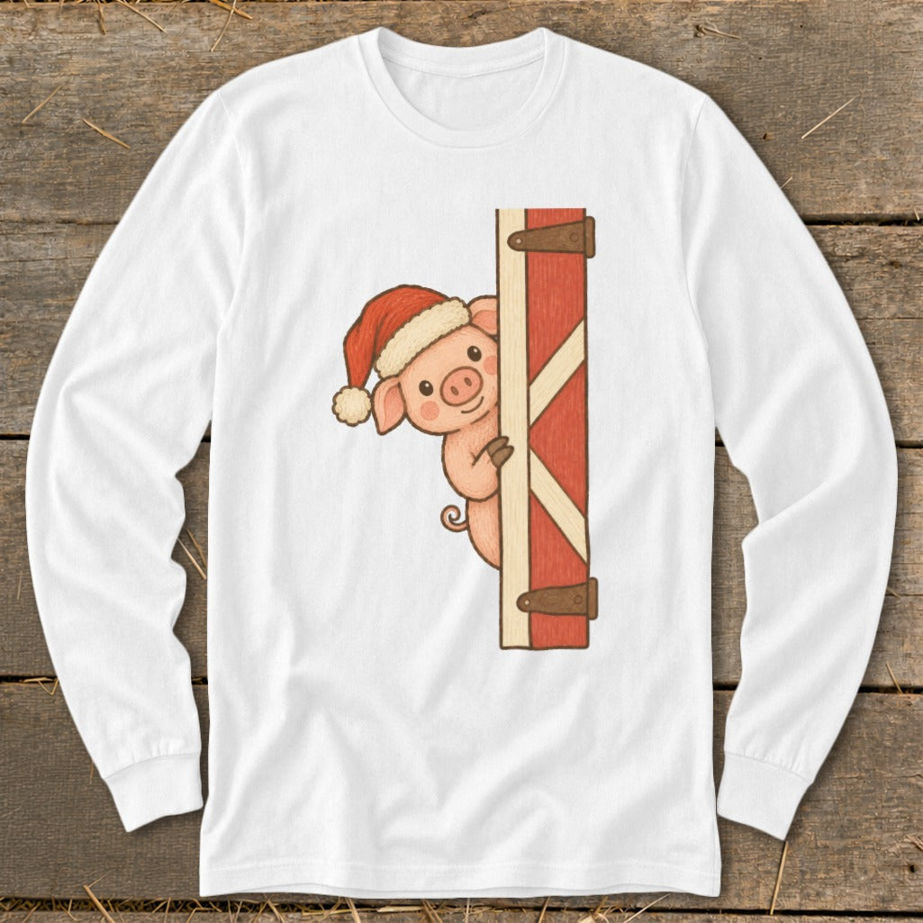 Pig wearing a Santa hat peeking around a red barn door.