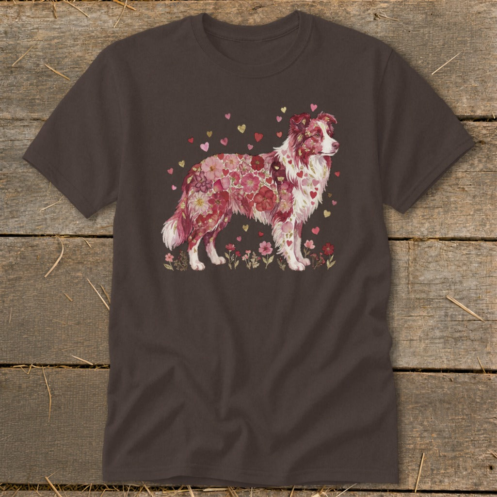 Brown t-shirt with a watercolor-style border collie covered in pink and red flowers and gold hearts.