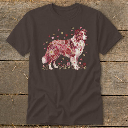 Brown t-shirt with a watercolor-style border collie covered in pink and red flowers and gold hearts.