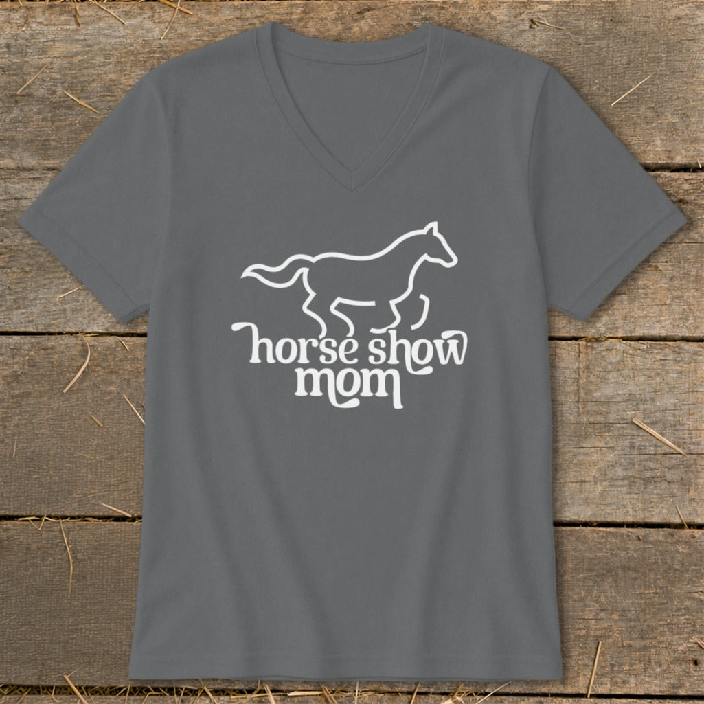 Gray t-shirt with white graphic of a horse and text "horse show mom".