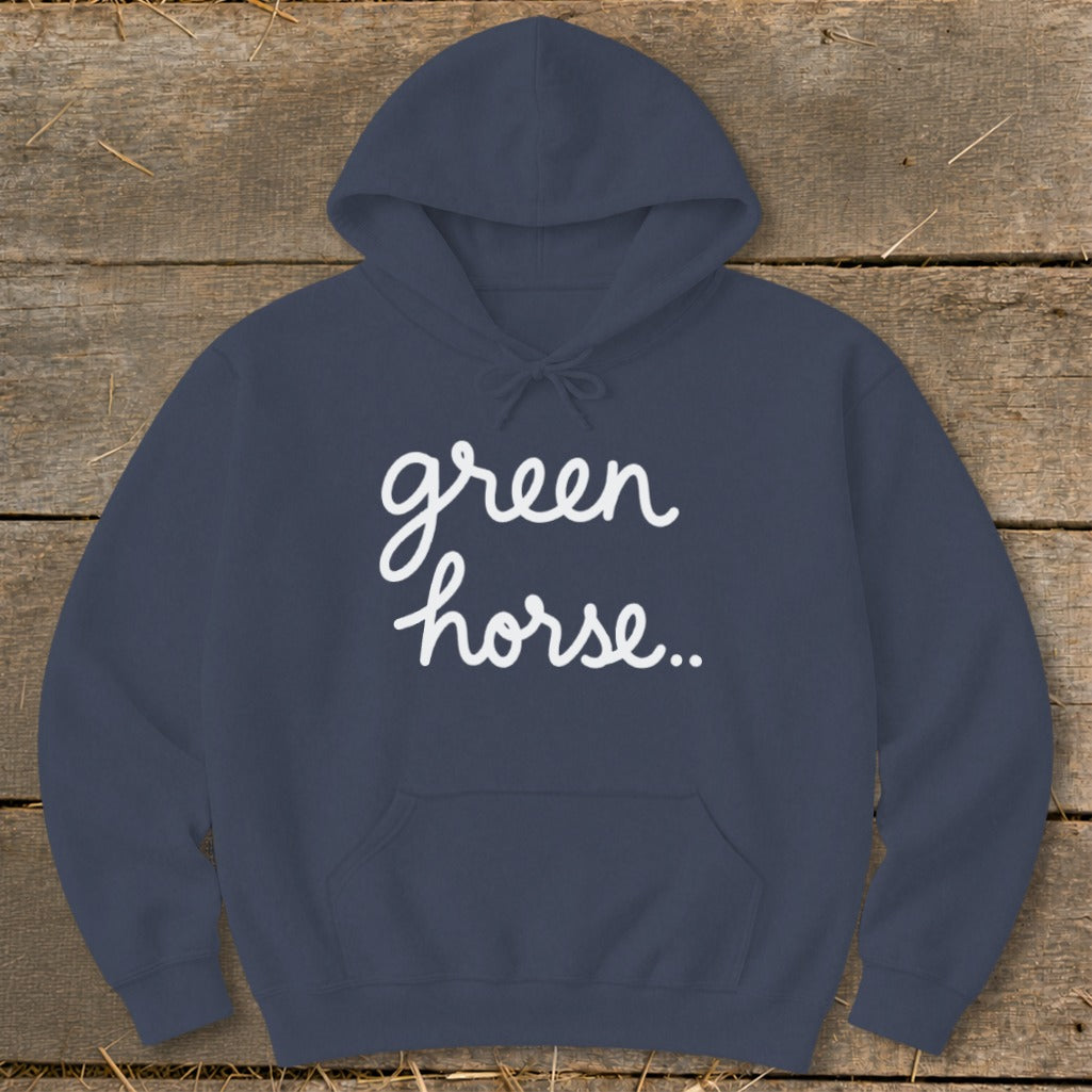 Navy blue hoodie with white script text reading "green horse..".