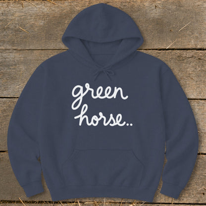 Navy blue hoodie with white script text reading "green horse..".