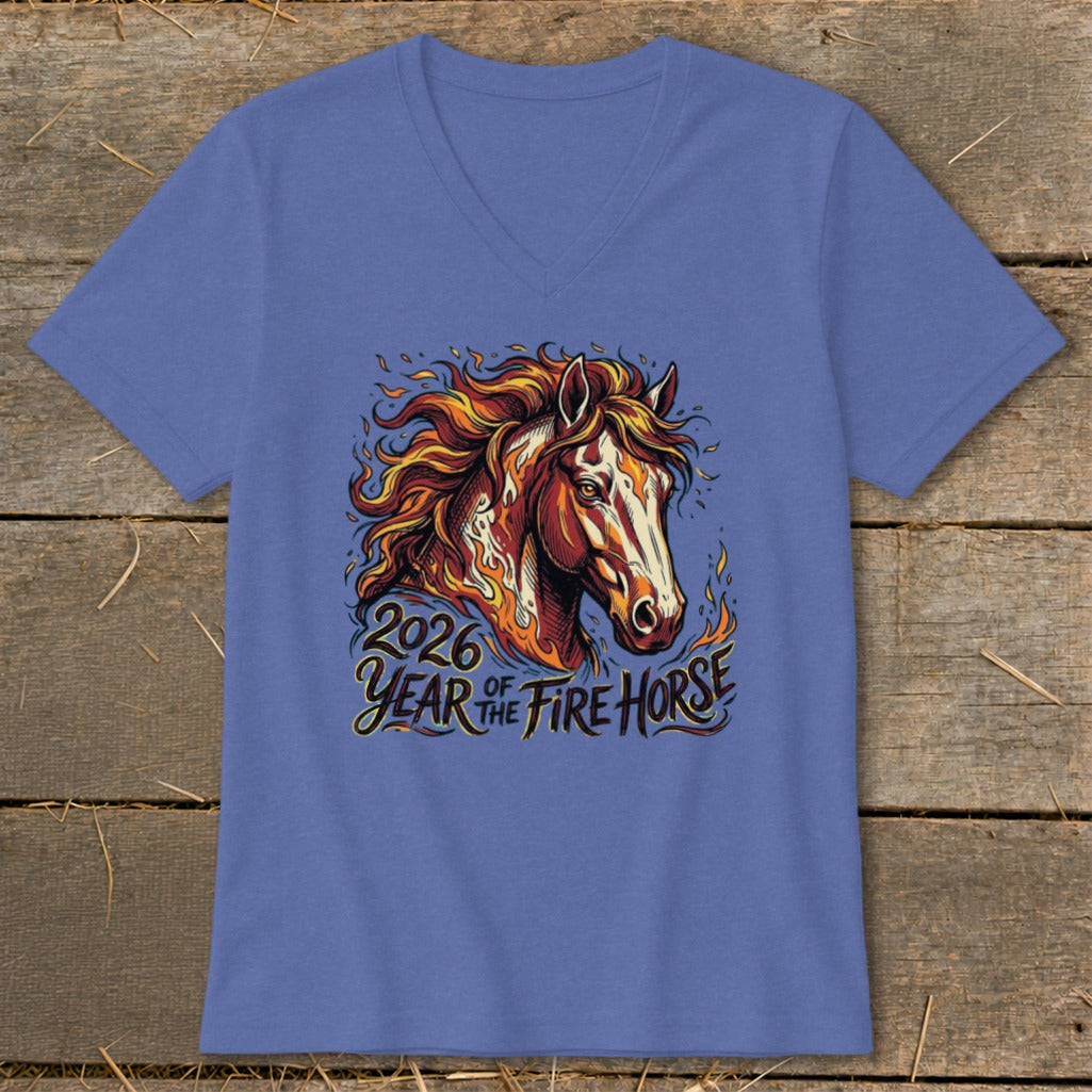 V-neck t-shirt with illustration of a fire horse and text "2026 Year of the Fire Horse".