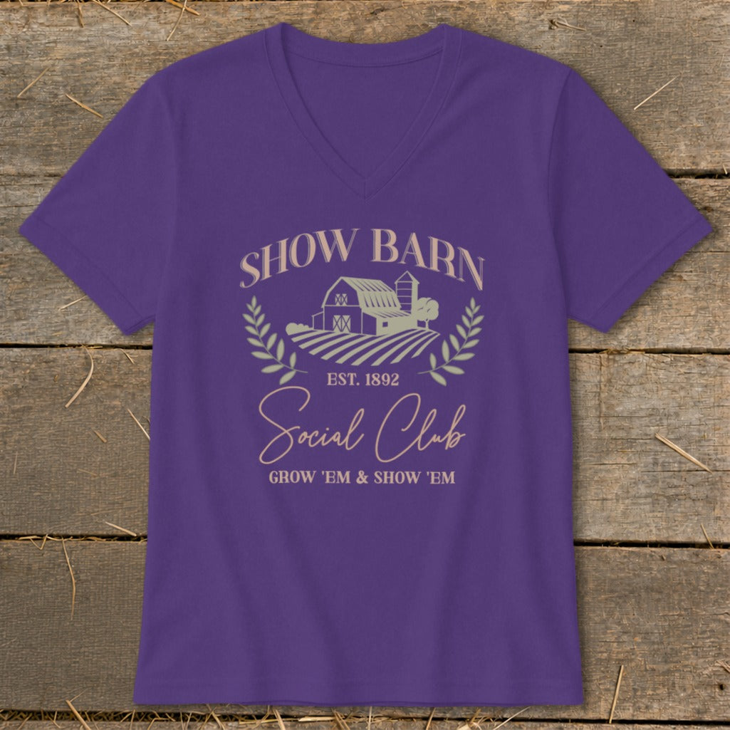 Purple t-shirt with "Show Barn Social Club" graphic and barn scene.