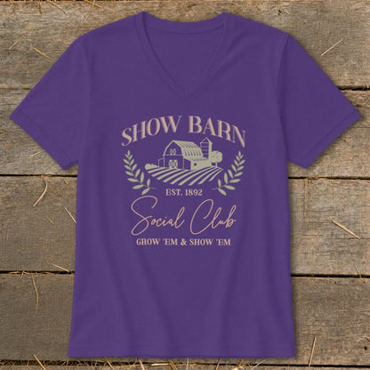 Purple t-shirt with "Show Barn Social Club" graphic and barn scene.