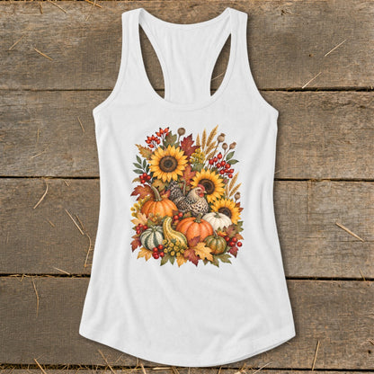 White tank top with a harvest design featuring sunflowers, pumpkins, gourds, and a chicken.