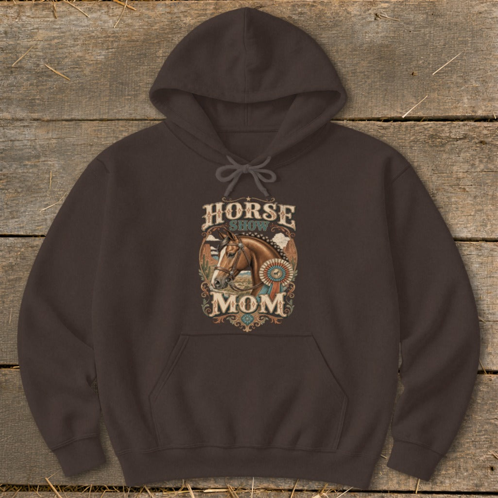 Brown hoodie with "Horse Show Mom" graphic featuring a horse and ribbons.