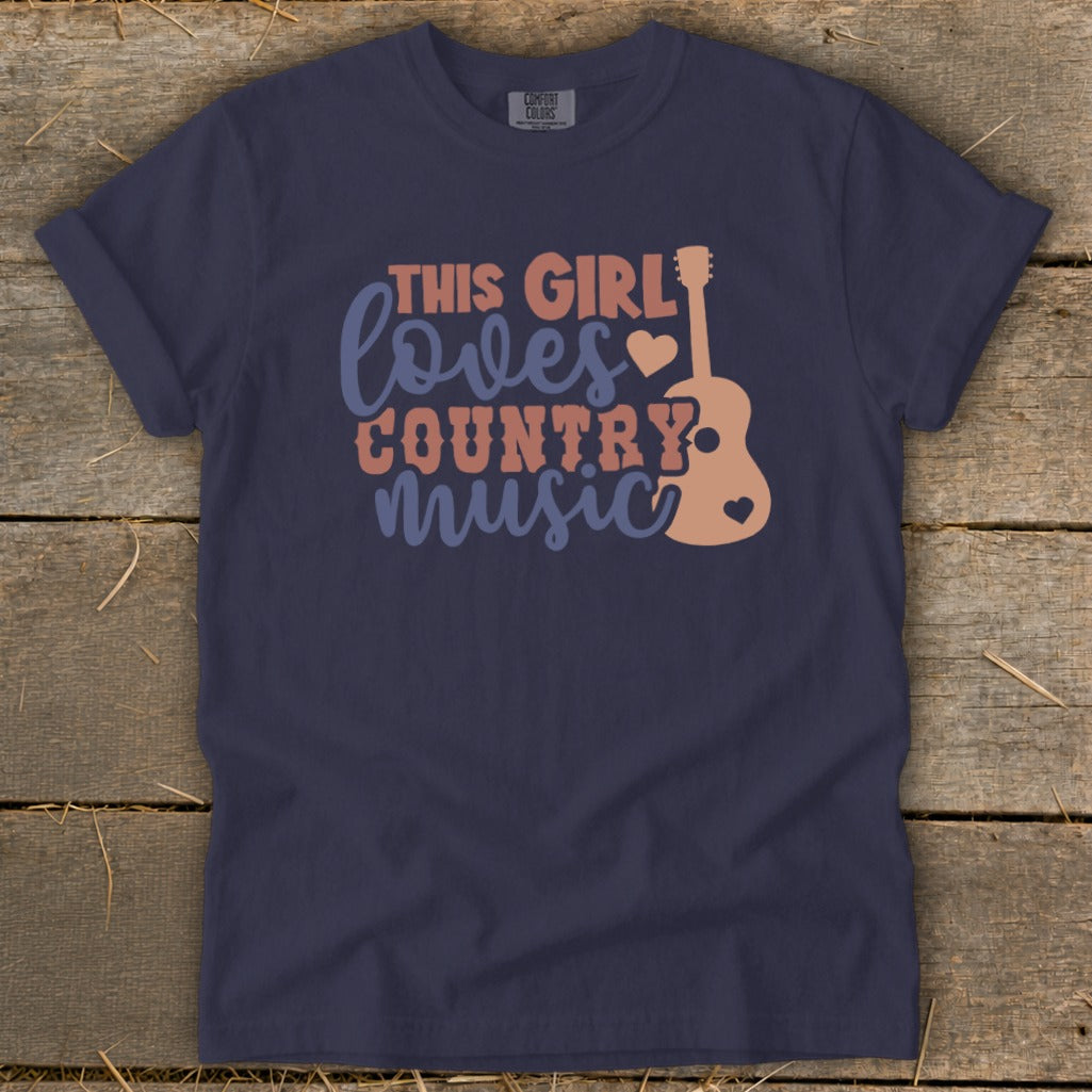 Navy t-shirt with "This Girl Loves Country Music" text and guitar graphic.