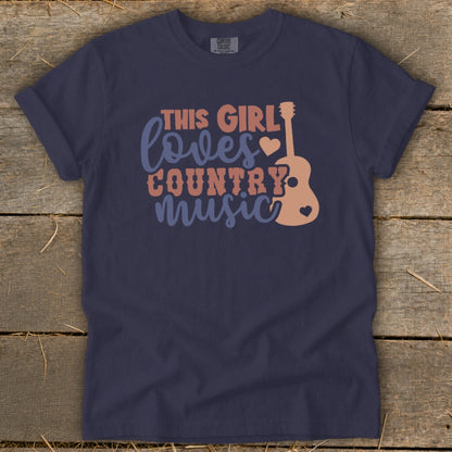 Navy t-shirt with "This Girl Loves Country Music" text and guitar graphic.