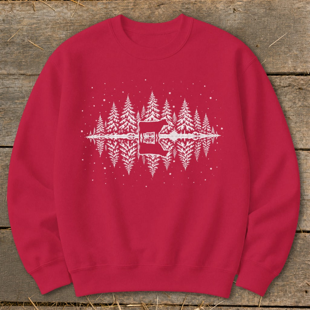 Red sweatshirt with white tree graphic and mirrored cow silhouette.