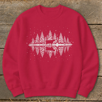 Red sweatshirt with white tree graphic and mirrored cow silhouette.