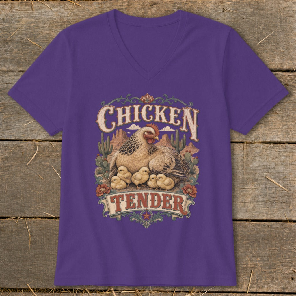 Purple v-neck t-shirt with a graphic of a hen and chicks with "Chicken Tender" text.