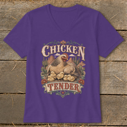 Purple v-neck t-shirt with a graphic of a hen and chicks with "Chicken Tender" text.
