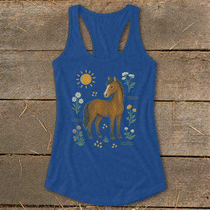 Blue tank top with illustration of a brown horse and flowers under a sun.