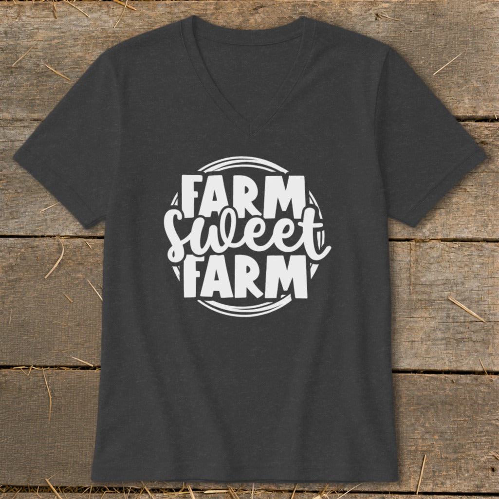 Dark grey t-shirt with white "Farm Sweet Farm" text in a circular design.