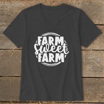 Dark grey t-shirt with white "Farm Sweet Farm" text in a circular design.