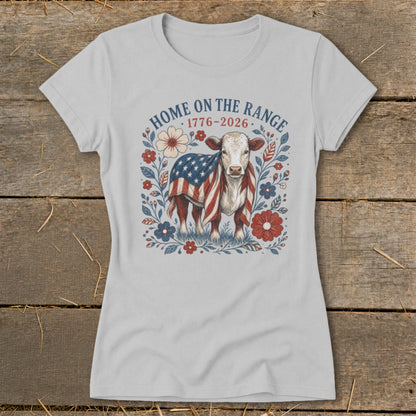 Light gray t-shirt with a cow wearing an American flag, surrounded by flowers and text.