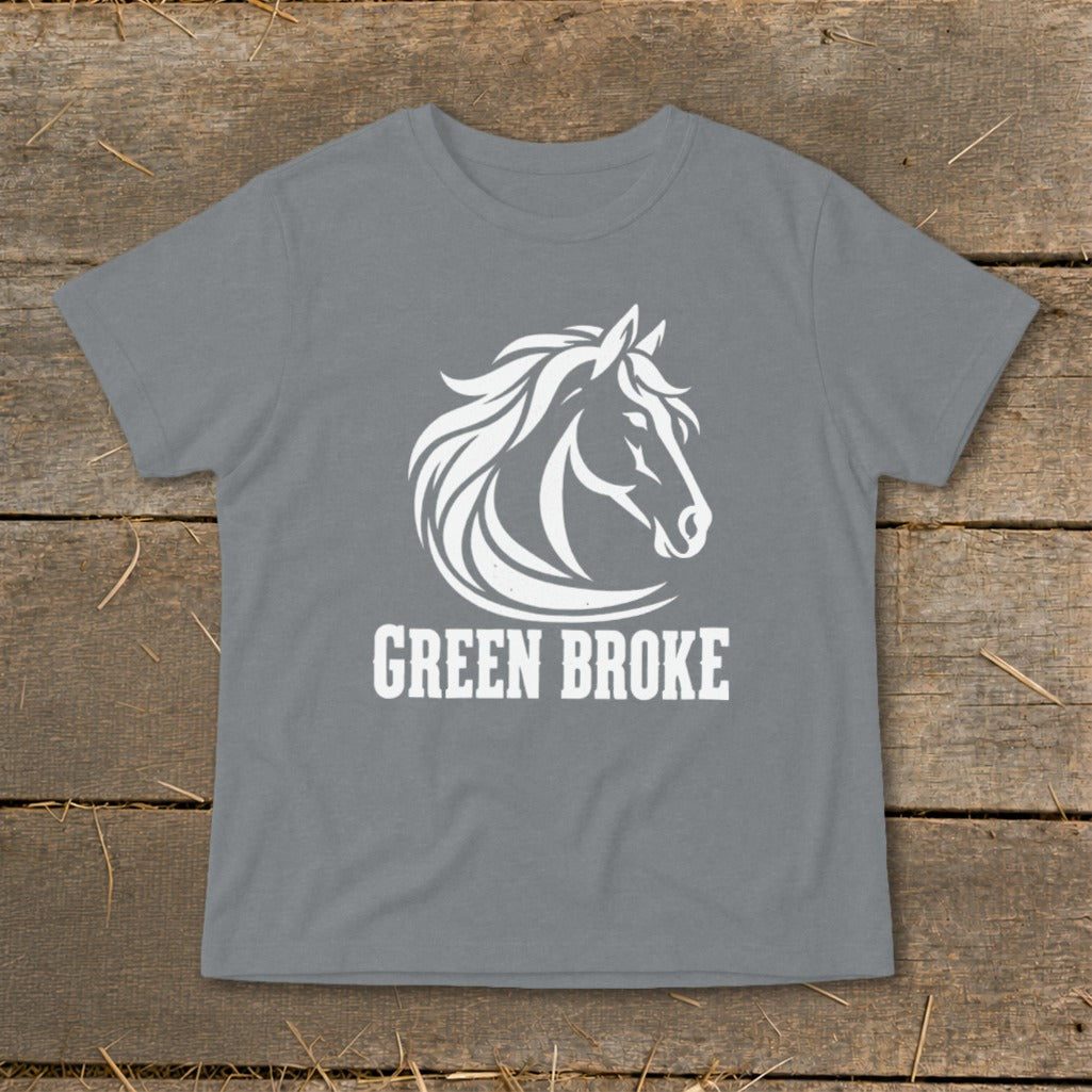 Gray t-shirt featuring a white graphic of a horse head and the text GREEN BROKE.