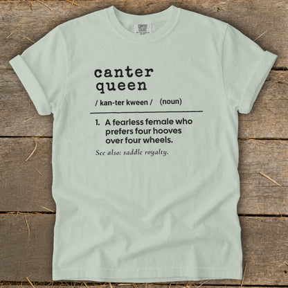 Light blue t-shirt with "canter queen" definition and "saddle royalty" on the front.